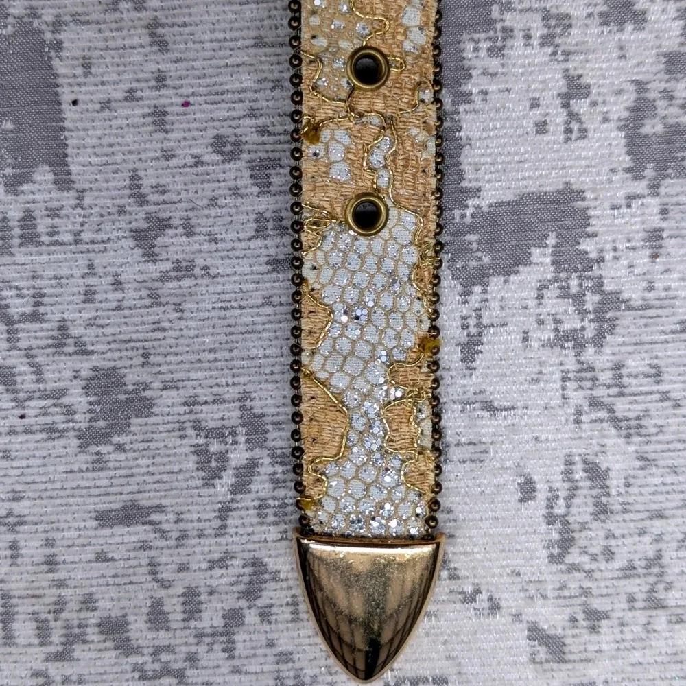 Vintage Gold Lace Silver Glitter Studded Western Boho Belt Gold Buckle 32.5in
